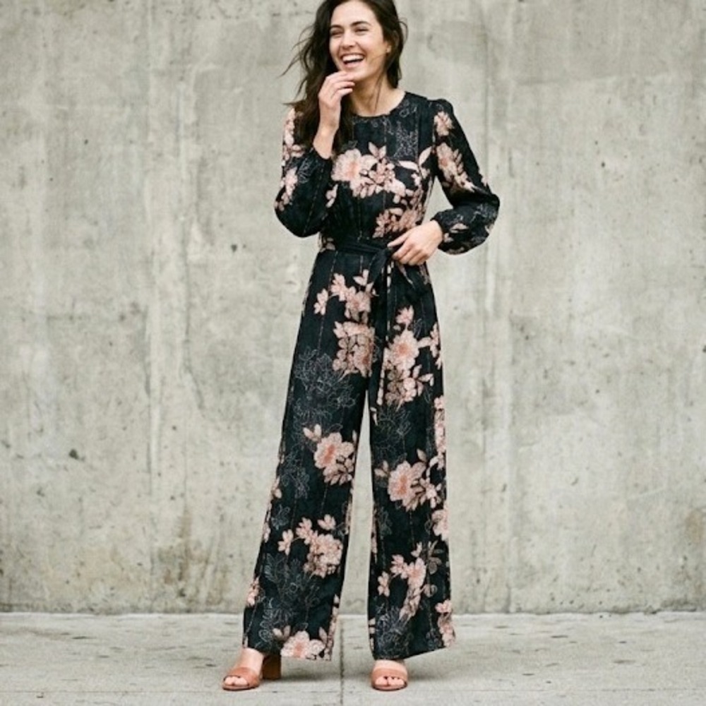 S Harlyn Black Floral Wide Leg Jumpsuit  Long Sleeve Belted Boho Anthropologie